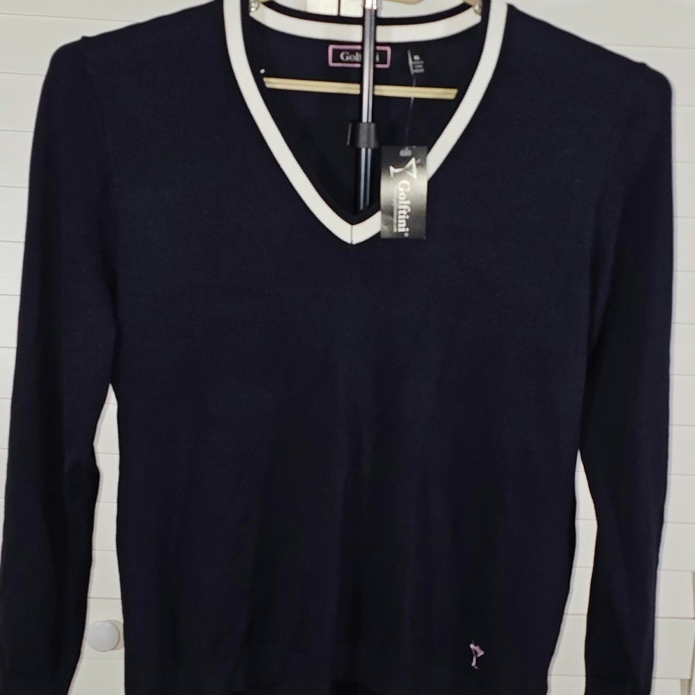 Golftini Womens V-Neck Sweater Knit Navy Blue White size XL Varsity Stripe golf